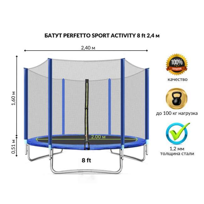 Батут с защитной сеткой "PERFETTO SPORT ACTIVITY 8" диаметр 2,4 м синий